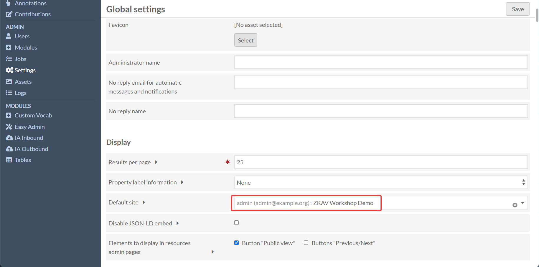 Default Site Settings Page