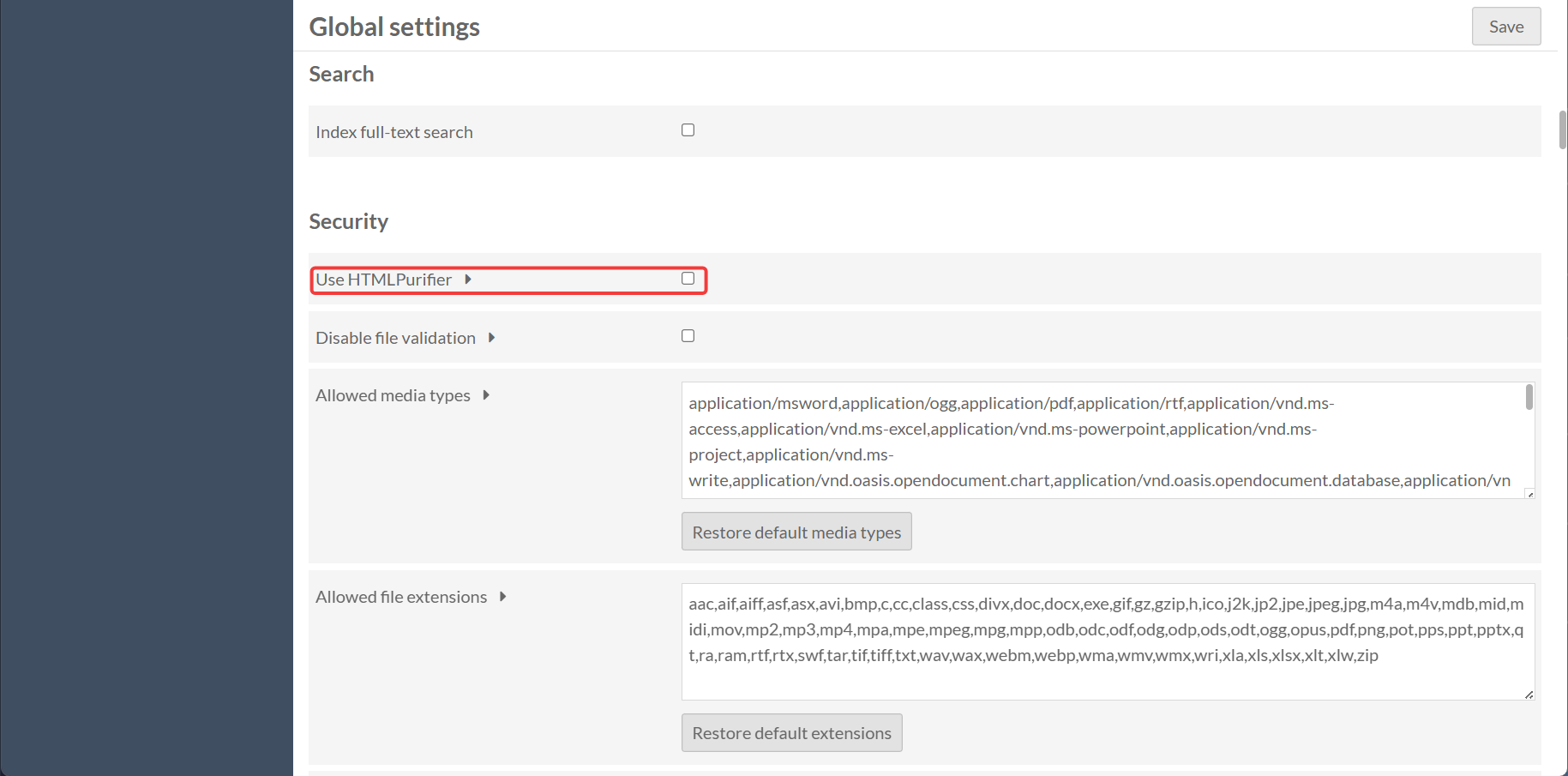 HTML Purifier Settings Page