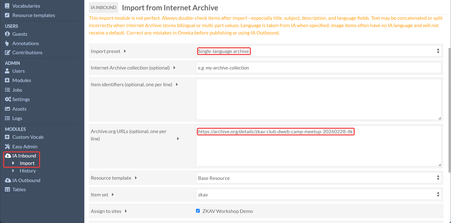 IA Inbound Import Page