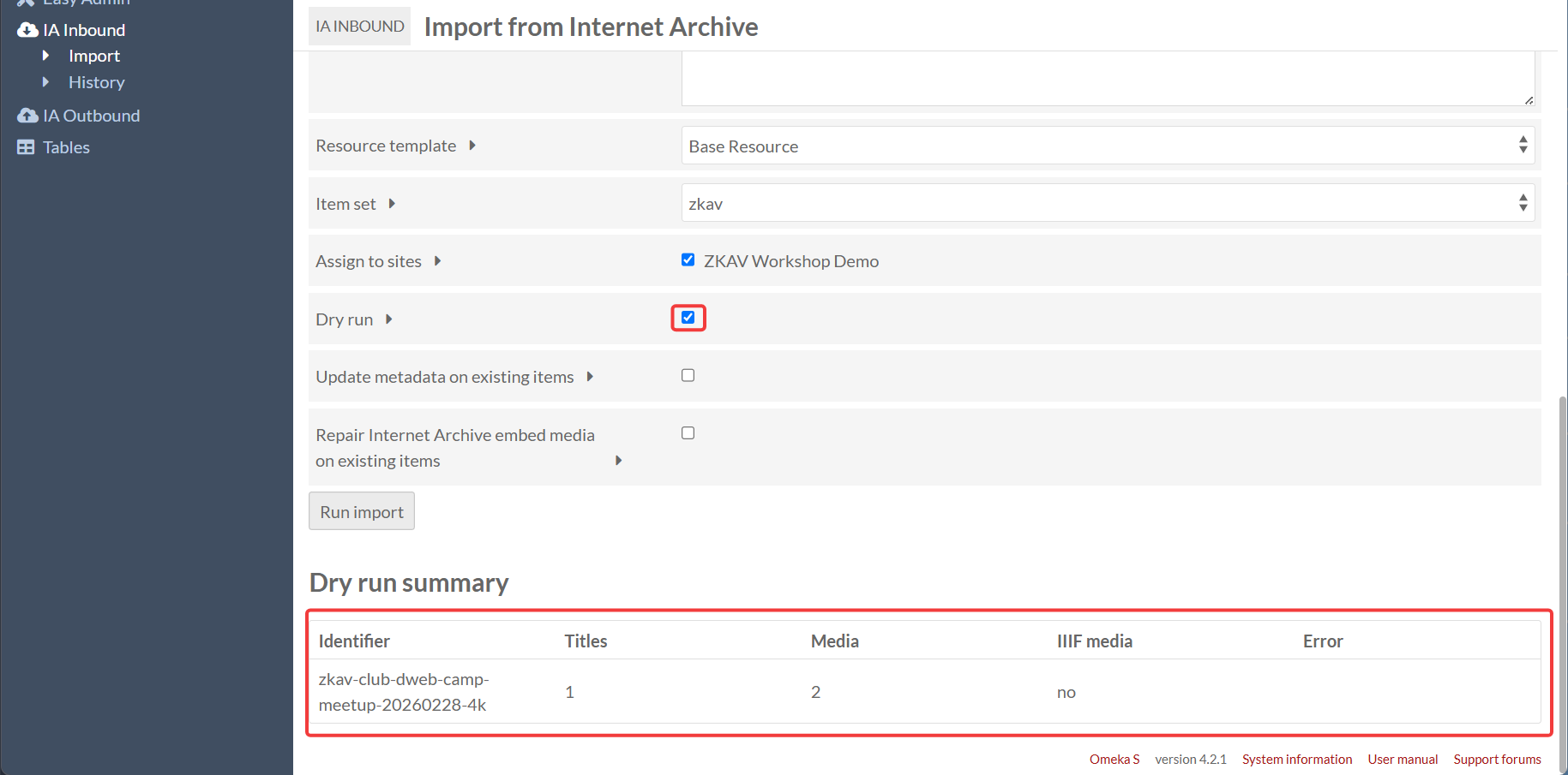 IA Inbound Import Page