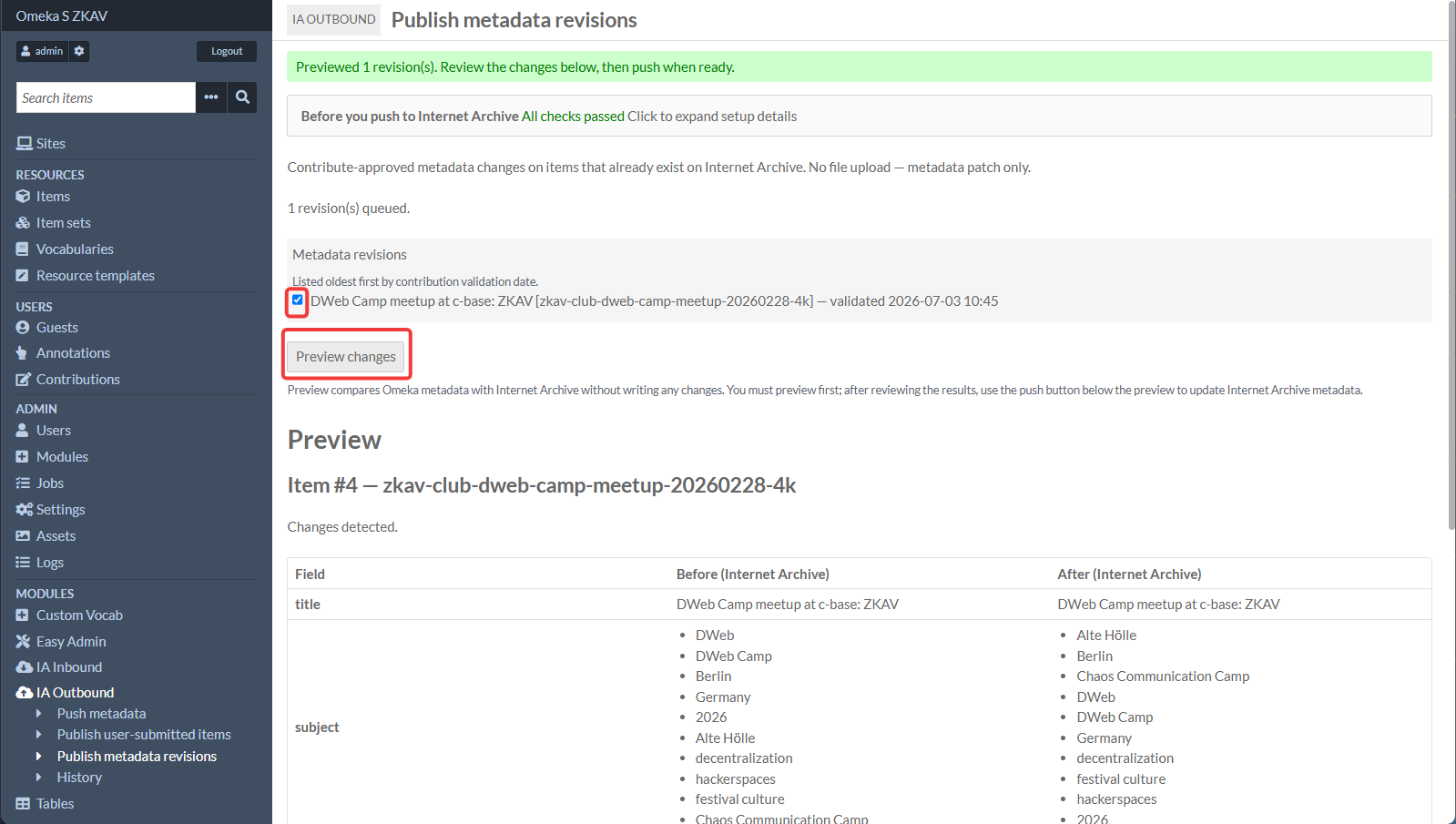 IA Outbound Publish Metadata Revisions Page