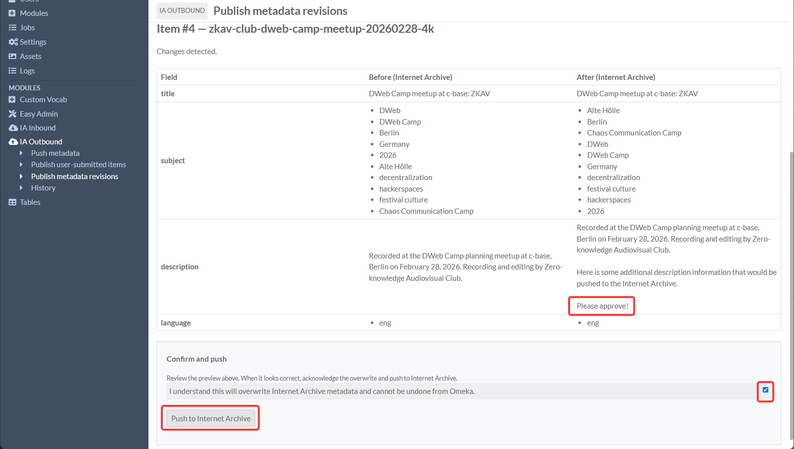 IA Outbound Publish Metadata Revisions Page