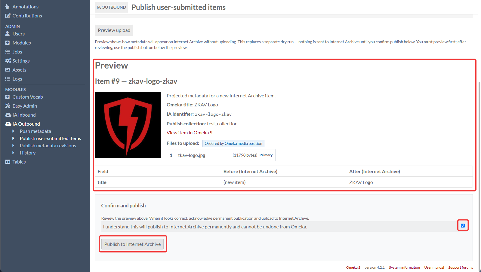 IA Outbound Publish User-Submitted Items Page