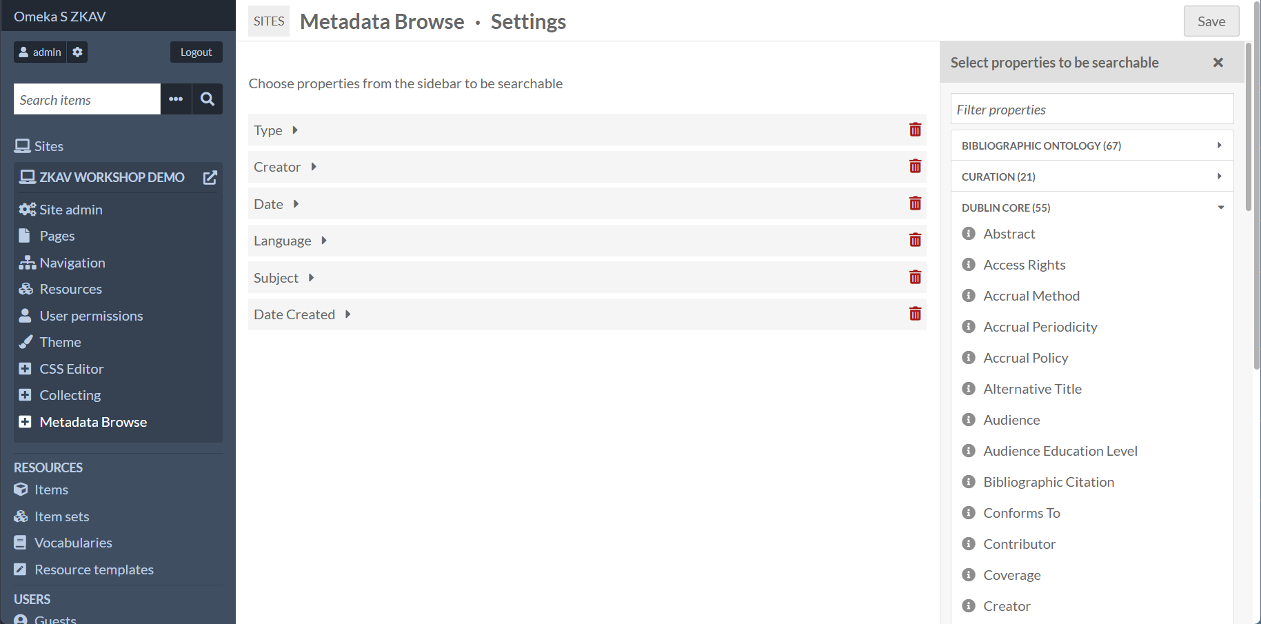 Metadata Browse Settings Page
