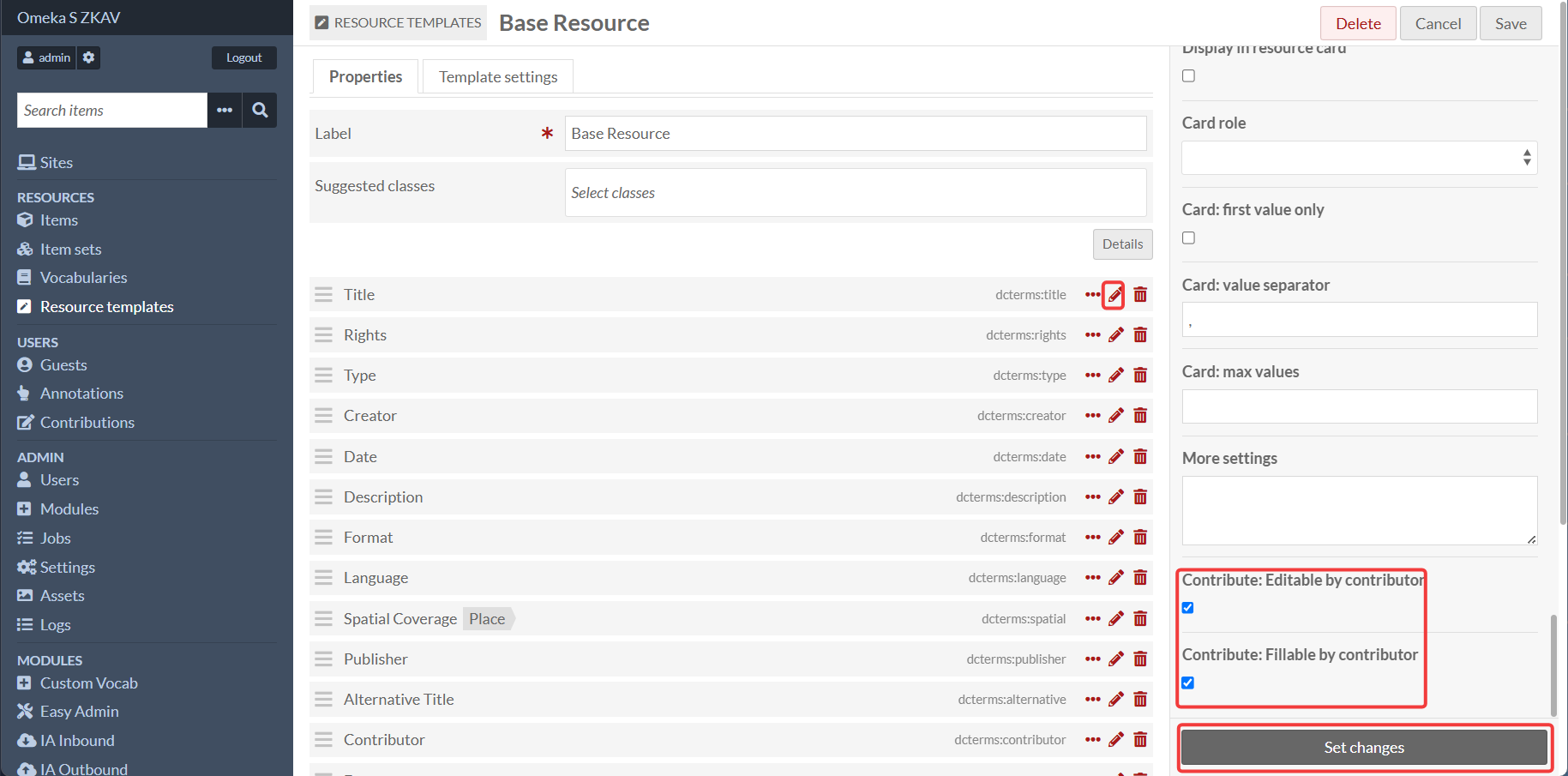 Resource Template Settings Page