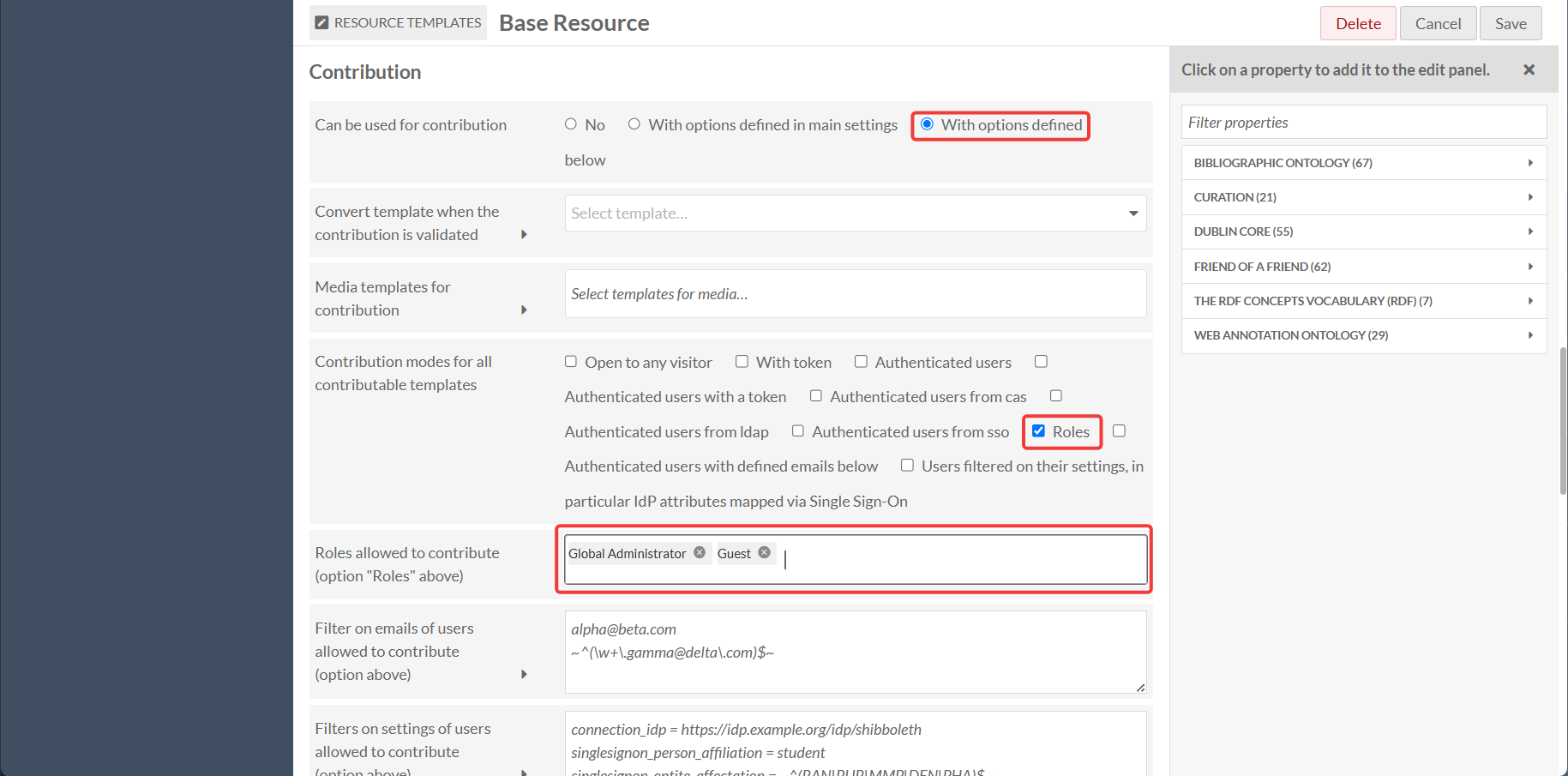 Resource Template Settings Page